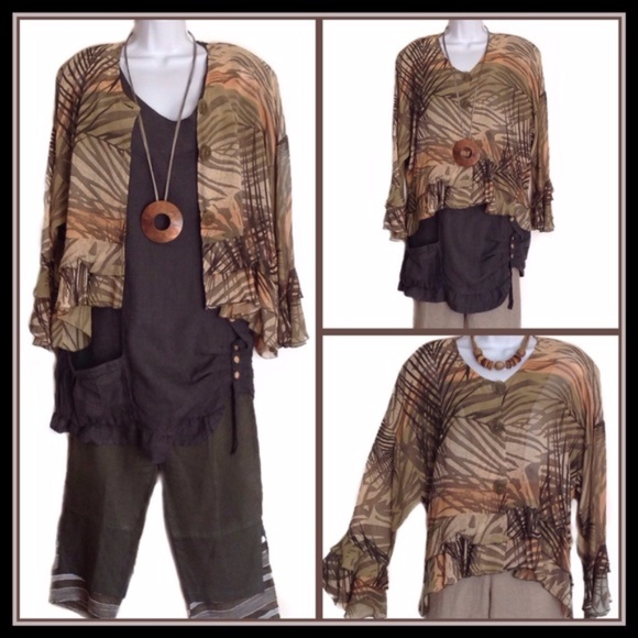 Sheer Cropped Earth Tones Ruffled Lagenlook Blouse - Picture 4 of 4